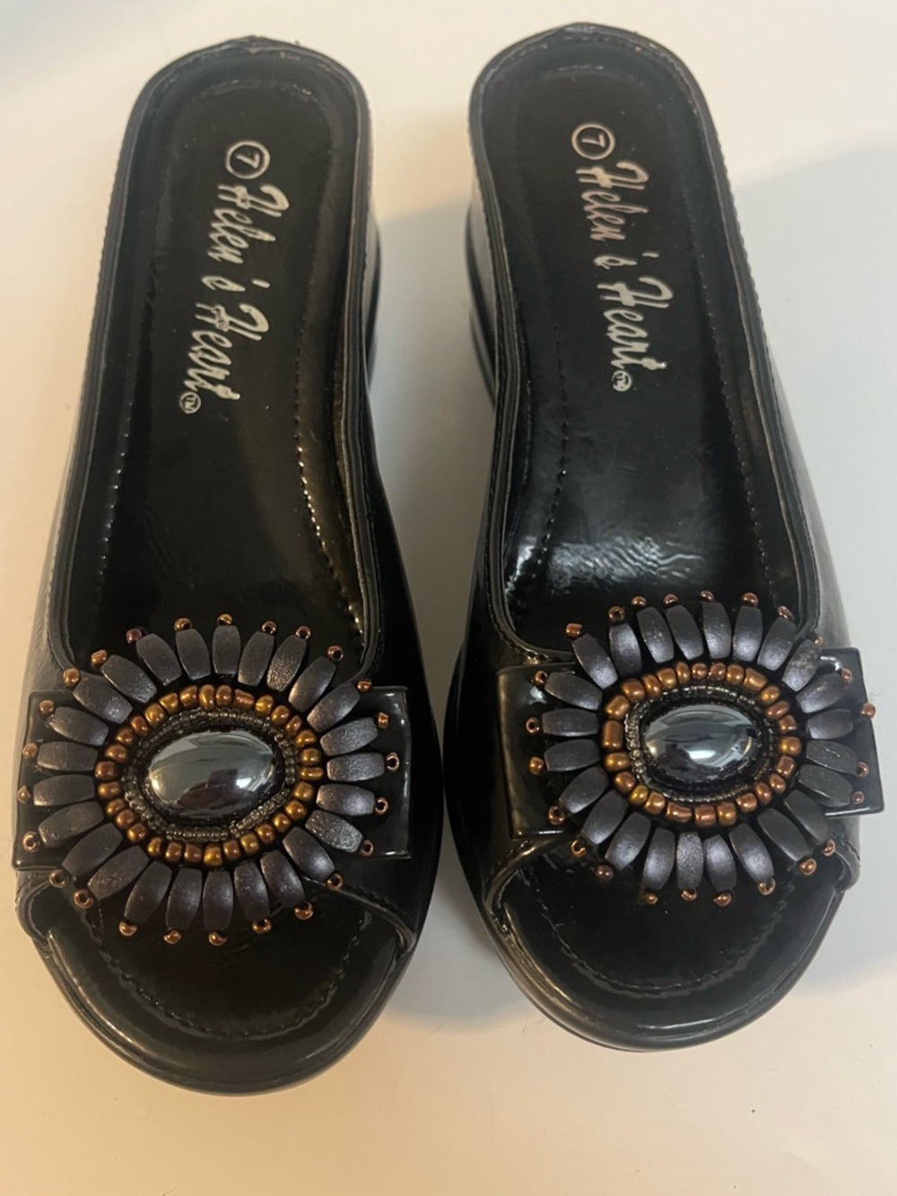Helen’s Heart Women’s Black Medallion Peep-Toe Slide Wedge Heel Size 7